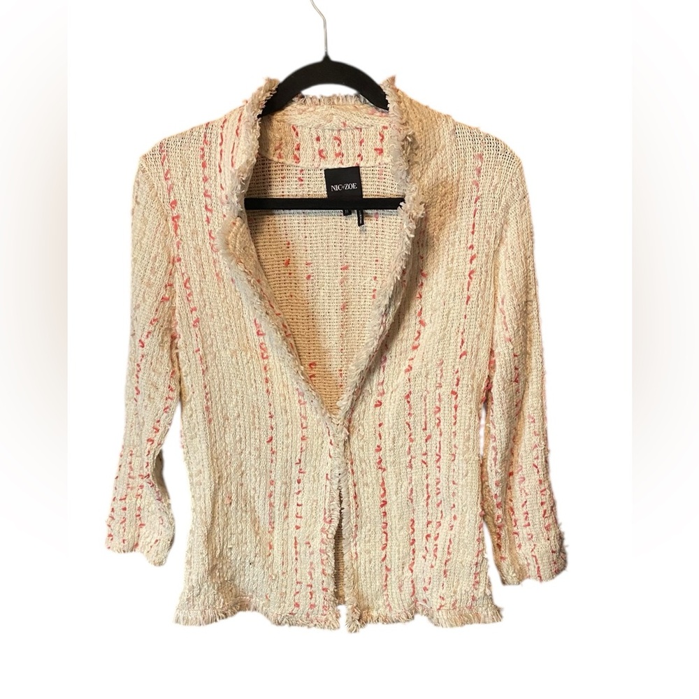 NIC+ZOE Cream & Pink Knit Cardigan Size Medium Lightweight Open Front Sweater